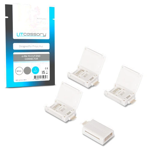 Litcessory 6-Pin to Cut-End Connector for Philips Hue Lightstrip Plus (4 Pack, White - MICRO 6-PIN V4)