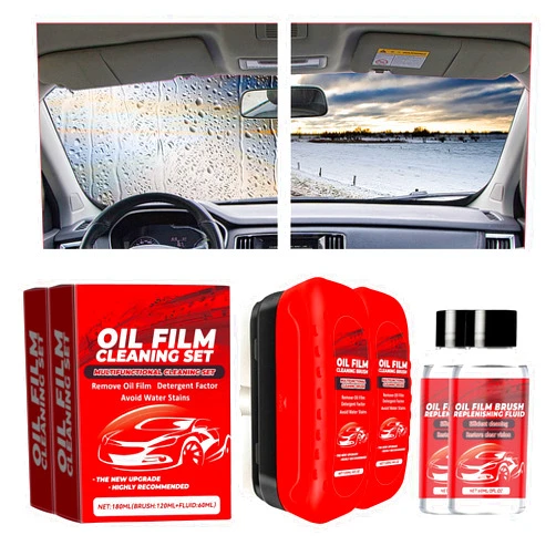 CHTENZY Car Cleaning Kit - Glass Oil Film Remover for Car Window, Auto Glass Cleaner, Oil Film Cleaner for Windshield,4oz Cleaning Brush 2pcs and 2oz Refill 2pcs/Set