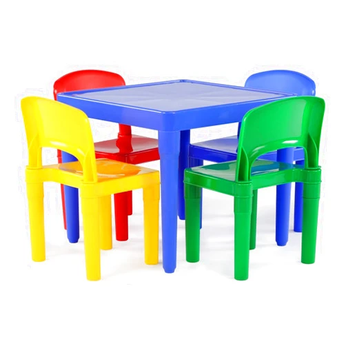 Humble Crew, Blue Primary Kids Lightweight Plastic Table & 4 Chairs Set, Square