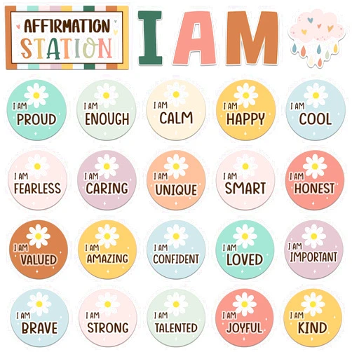 Frienda Boho Affirmation Station Bulletin Board Set Motivational Posters Classroom Mirror Growth Mindset Decor Positive Affirmations Accents Cutouts for School Office Home Teacher Wall Supply