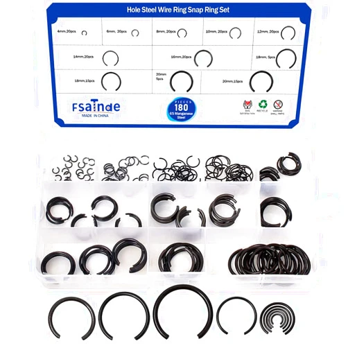 FSATNDE GB895.1 65Mn Φ4-Φ20 Hole Steel Wire Ring Snap Ring Set,Bearing Stop Ring Assortment Kit,Mix Round Wire Snap Rings for Holes,180Pcs