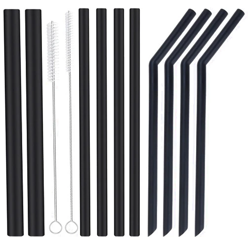 ALINK 10-Pack Black Reusable Silicone Straws, 2 Large Silicone Boba Straws, 8 Long Smoothie Straws for 30 oz 20 oz Tumblers, Milkshakes, Bubble Tea, Tapioca Pearl With 2 Brush and Case, 10 Inch