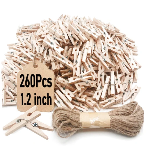 Wddeevoi Mini Clothes Pins, 260 PCS Small Wooden Clothes Pins with Jute Twine, Clothespins, Clothes Pins for Photos Crafts DIY Project