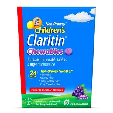 Claritin Children's Claritin Chewables 24 Hour Allergy Relief, Non Drowsy Kids Allergy Medicine, Grape Antihistamine Chewable Tablets, 60 Count