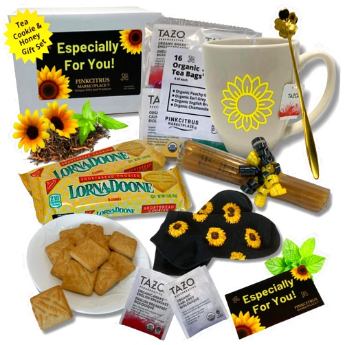 PINKCITRUS MARKETPLACE Sunflower Gifts For Women Tea Cookie And Honey Lovers Basket Set Ideas Get Well Soon Thinking Of You Fabulous Care Package Sunshine Birthday Box For Women, Men, Family And Friends