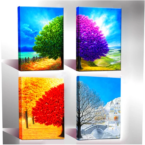 Wieco Art Four Change Seasons Trees Canvas Prints Wall Art by Oil Paintings Style Pictures for Living Room Bedroom Home Decorations 4 Piece Modern Gallery Wrapped Contemporary Colorful Giclee