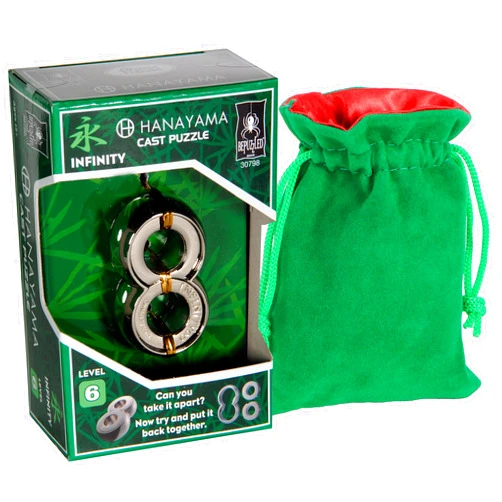Hengulus Deluxe Games and Puzzles Infinity Hanayama Puzzle, with Green Velveteen/Red Satin Lined Drawstring Pouches - Bundled Items
