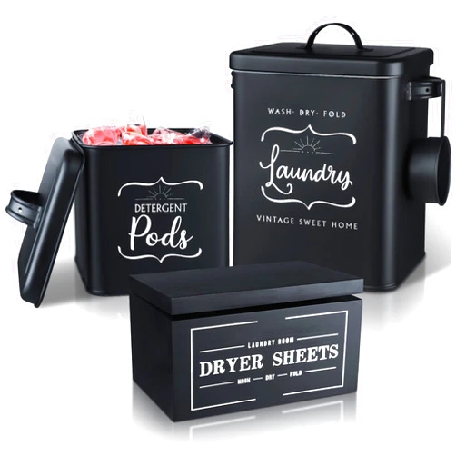 Rtteri 4 Pack Laundry Detergent Storage Container Metal Pods Bin Holder with Scoop Dryer Sheet Holder with Lid Laundry Detergent Organizer Farmhouse Canisters for Beads Powder Organization (Black)