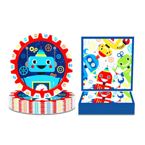 BHNACIER Robot Birthday Party Plates and Napkins for 24 Guests 64 Pcs Robot Party Supplies Disposable Tableware Set Robot Paper Plates Napkins Robot Plates and Napkins for Robots Theme Birthday Party Supplies