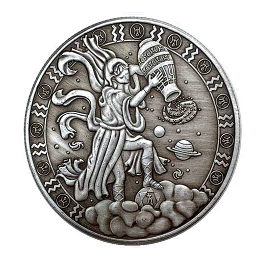 Aomcisi Creative Twelve Constellations Zodiac Coin Challenge Ancient Silver Commemorative Coins Home Decor Crafts Art Collection Gift (Aquarius)