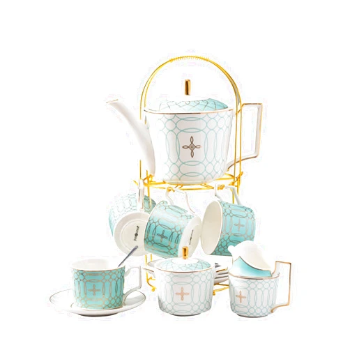 Jusalpha Fine China Blue Coffee Cup/Teacup Set, 8 OZ Cups& Saucer Service for 4, with Teapot-Sugar Bowl-Cream Pitcher Teaspoons and tea strainer for Tea/Coffee, 17-Pieces (Blue)