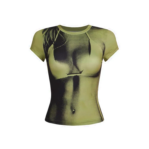 GORGLITTER Women's Body Print Graphic Tees Y2K Crop Top Short Sleeve Colorblock T Shirt
