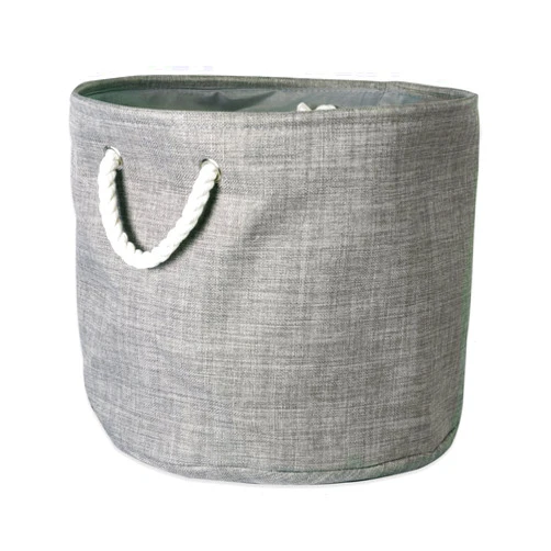 DII, Collapsible Variegated Polyester Storage Bin with Cotton Handles Small Round Gray