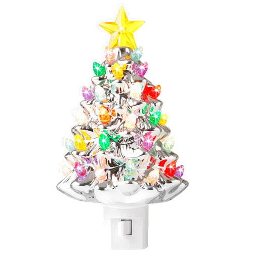 Casafield Ceramic Christmas Tree Night Light - Silver Plug-in Vintage Christmas Decorative Night Light with 28 Bulbs and Star Topper