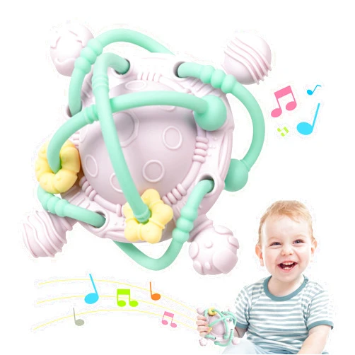 ETETOO Baby Teething Toy - Teether Ball with Rattle - Fun & Safe Teether Toy for Babies' Sore Gums & Early Development - Food Grade Silicone - Pink