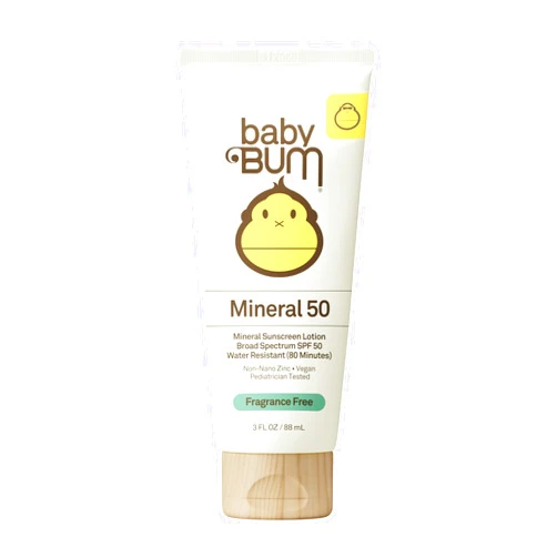 Sun Bum Baby Bum SPF 50 Sunscreen Lotion - Mineral UVA/UVB Face and Body Protection for Sensitive Skin - Hawaii 104 Act Compliant (Made without Octinoxate & Oxybenzone) - Fragrance Free - Travel Size - 3 oz