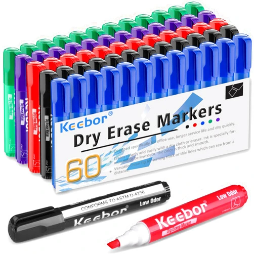 Keebor Dry Erase Markers Chisel Tip, Low Odor, Jumbo Whiteboard Marker pens Bulk, 60 Pack with 5 Colors, Office Series