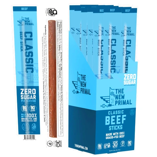 The New Primal Grass Fed Beef Sticks, Keto, Gluten Free Healthy Snacks, Sugar Free Low Carb High Protein Snack, Jerky Meat Stick, 8g Protein, 20 Ct