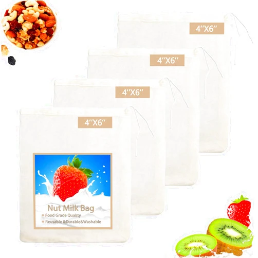 LUCKY KVW Nut Milk Bag - 4 Pack Reusable Cheese Cloths for Straining, Cold Brew Coffee & Bone Broth Bags (4INX6IN)