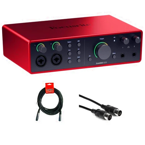 Kellards Focusrite Scarlett 16i16 USB-C Audio/MIDI Interface (4th Generation) Bundle with XLR- XLR Cable (2 Pack), Hosa Mid-310 Black 10 ft. Midi cable (2 Pack)