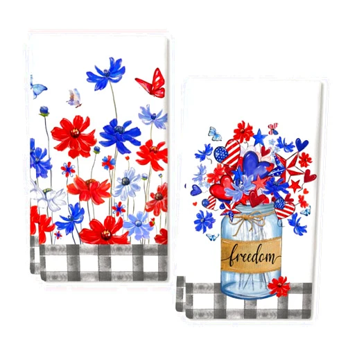 ARKENY Floral 4th of July Kitchen Towels Dish Towels Set of 2,Buffalo Plaid Heart Freedom Patriotic Hand Towels 18x26 Inch Drying Dishcloth,Farmhouse Home Seasonal Holiday USA Decorations AD311