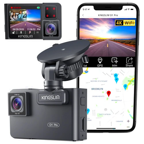 Kingslim D1 pro Dual Dash Cam 4K Record Inside - Front and Inside Dash Camera GPS WiFi for Cars Uber Truck, Dashcam with Infrared Night Vision, G-Sensor, Loop Recording(Upgraded Version)