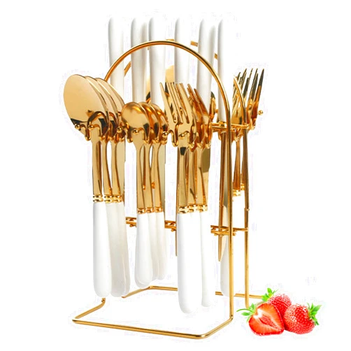 RETROSOHOO 24 Piece Stainless Steel Flatware Set with Ceramic Handle, Tableware Cutlery Set Service for 6,Silverware Set with Storage Rack Includes Knives Forks Spoon for Kitchen and Home (White)