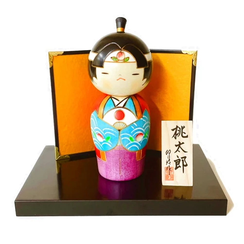 Usaburo Kokeshi Usaburo Modern Japanese Kokeshi Doll (MOMOTARO - Small), Made in Japan, Collectible Figurines, Traditional Crafts, Boy in Kimono, Samurai