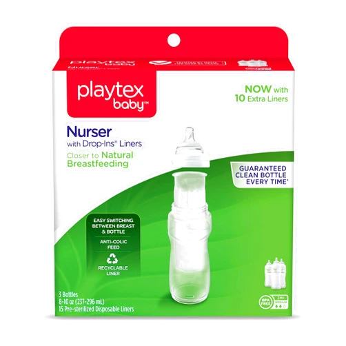 Playtex Baby Nurser Bottle with Pre-Sterilized Disposable Drop-Ins Liners, Closer to Breastfeeding, 8 Ounce Bottles, 3 Count