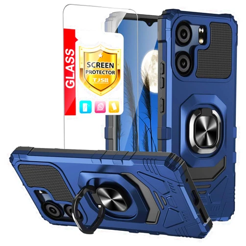 TJS Compatible for BLU View 5 B160V Case, Blu F5 5G Case,with Tempered Glass Screen Protector, Metal Ring Magnetic Support Kickstand Heavy Duty Drop Protection Cover Phone Case (Blue)