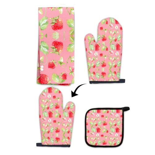 OHSUL Red Strawberry Kitchen Towels and Oven Mitt Pot Holder Set, Red Strawberry Kitchen Accessories Decor, Red Pink Strawberry Heat Resistant Oven Gloves Hot Pads Hand Towels for Kitchen