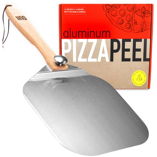 OUII Aluminum Metal Pizza Peel 12 x 14 Inch - Pizza Paddle with Foldable Wood Handle for Easy Storage. Pizza Oven Accessories and Tools. Turning Peel for Bread, Pastry, Dough, Cake.