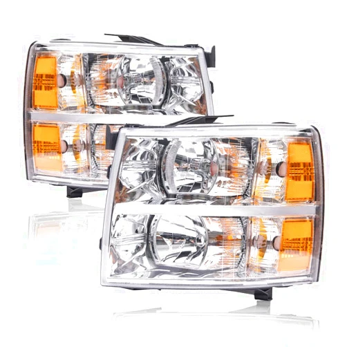PIT66 Headlights, Compatible With Chevy Silverado 1500 2007-2013/Compatible With Silverado 2500 3500 & HD 2007-2014 Clear lens Chrome Housing Amber Reflector