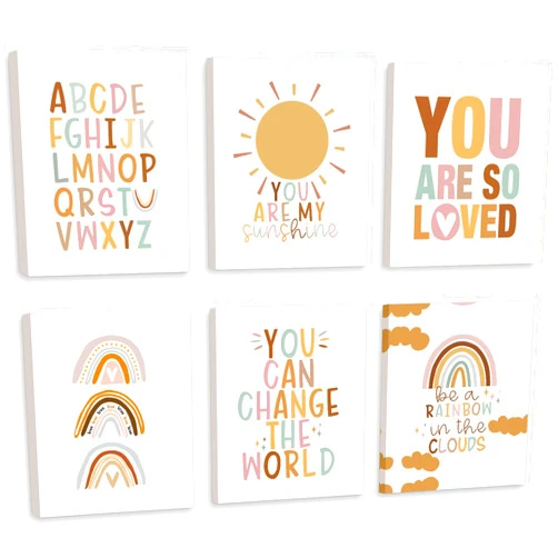 CHDITB Nursery Wall Art, You Are My Sunshine Rainbow Canvas Framed Posters, Set Of 6(12”X16”) Colorful Alphabet Classroom Artwork Boho Weather Kids Art Prints Wall Decor For Girls Room Boy Bedroom