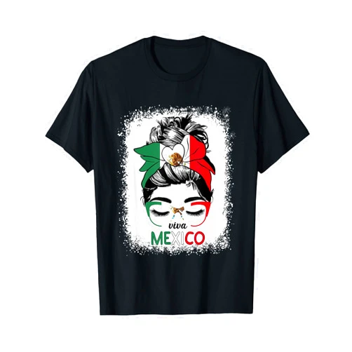 Funny Viva Mexico Messy Bun Hair Mexican Flag Pride Women T-Shirt