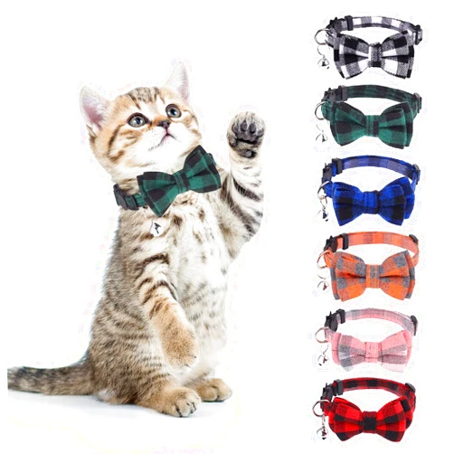 DragonflyDreams 6 PCS Cat Collars with Bow Tie and Bell,Cat Collars Plaid,Breakaway Adjustable Cat Bow Tie Collars,Cute Bow Tie Suitable for Kittens Or Certain Puppies