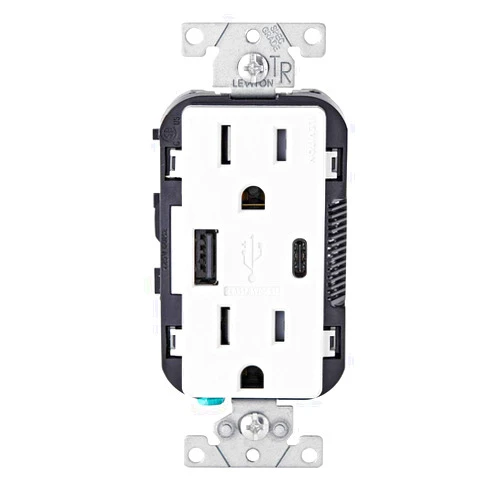Leviton T5633-W Type A & Type-C USB In-Wall Charger with 15A Tamper-Resistant Outlet, USB Charger for Smartphones and Tablets, Not for Laptops, White