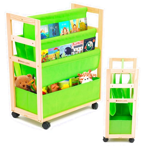 Jomifin Rolling Bookshelf with Toys Storage Bins, Kids Sling Book Shelf with Wheels Large Capacity for Kids Bedroom Playroom - Double Sided