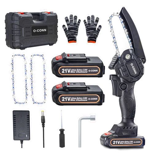 O-CONN Mini Chainsaw, O-CONN 4 Inch Cordless Handheld Electric Chainsaw with 2 Batteries and 2 Chains, Battery Powered Portable Small Chain Saw with Safety Lock, for Tree Trimming Branch Wood Cutting