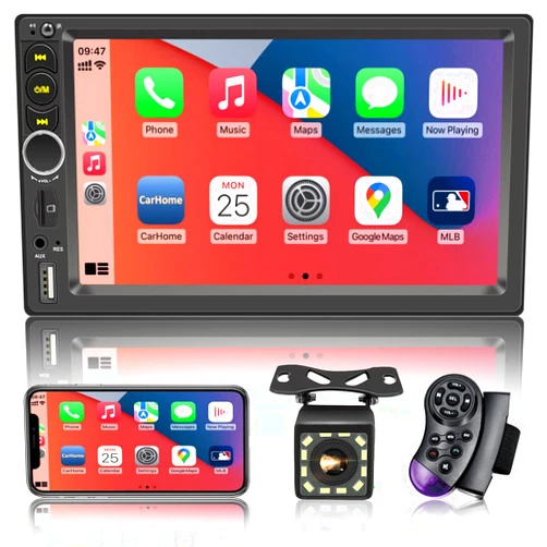Nideocion 7'' Double Din Car Stereo Build-in Apple Carplay,Bluetooth 5.1 Hand-Free Calling,Touchscreen Car Radio FM,GPS Navigation,Night Vison Backup Camera,USB/TF/Subwoorf/240 watts