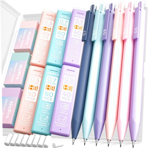 Nicpro 6PCS Pastel Mechanical Pencil Set with Case, Cute Drafting Pencils 0.5 mm & 0.7 mm & 0.9 mm with 6 Tubes HB Lead Refills, Erasers, Eraser Refills, Aesthetic School Supplies for Girls Writing