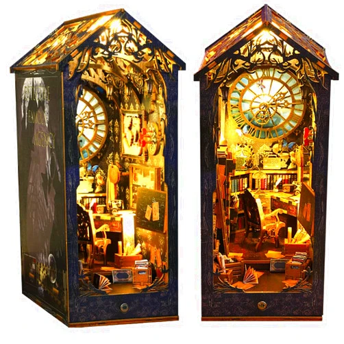OMEPEA DIY Book Nook Kit Decor - 3D Wooden Puzzle Bookshelf Decor with LED, Bookend Diorama DIY Miniature Dollhouse Kit Crafts Hobbies Gifts for Adults (Detective Agency)