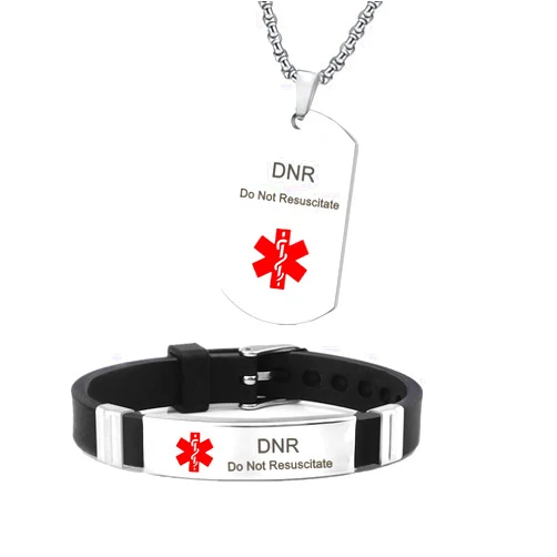 HOMLIFPER Medical Alert Necklaces and Bracelets Set for Men Women Medic ID Identification Stainless Steel Pendant Necklace & Silicone Cuff Bracelet Allergy Awareness Jewelry for Adult,Customizable,2 Pack