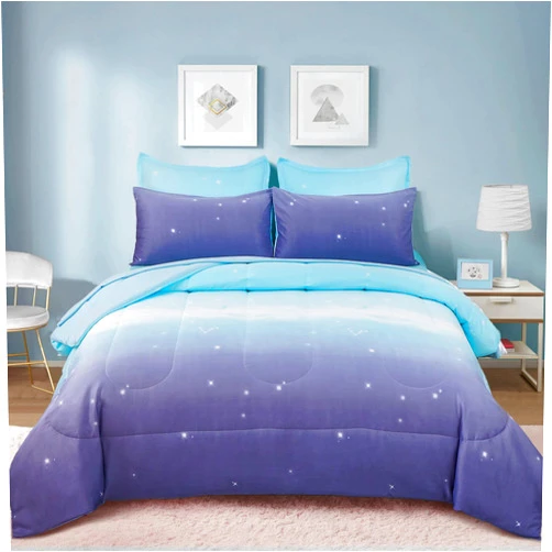 Dinjoy Girls Comforter Set Queen Size 7 Pieces Bed in A Bag Ombre Blue Purple Rainbow Bedding Set Collections for Teen Women (1 Comforter, 1 Flat Sheet, 1 Fitted Sheet, 2 Pillow Shams, 2 Pillowcases)