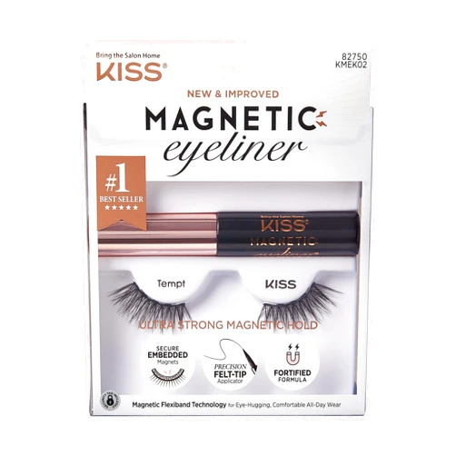 KISS Magnetic Eyeliner & Lash Kit, Tempt, 1 Pair of Synthetic False Eyelashes With 5 Double Strength Magnets and Smudge Proof, Biotin Infused Black Magnetic Eyeliner with Precision Tip Brush