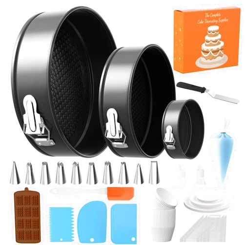 LURVUO 131Pcs Springform Pan Cake Pan Sets for Baking Non-Stick Cake Decorating Kit (4, 7, 9 Inch), Piping Bags and Tips Cheesecake Bakeware Baking Tools Parchment Paper & Manual