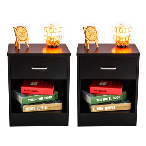 HOBBYN Nightstand,Set of 2 Cabinet End Tables Pair Bedroom Table Furniture Multiple Colors with Drawer & Basket (black)