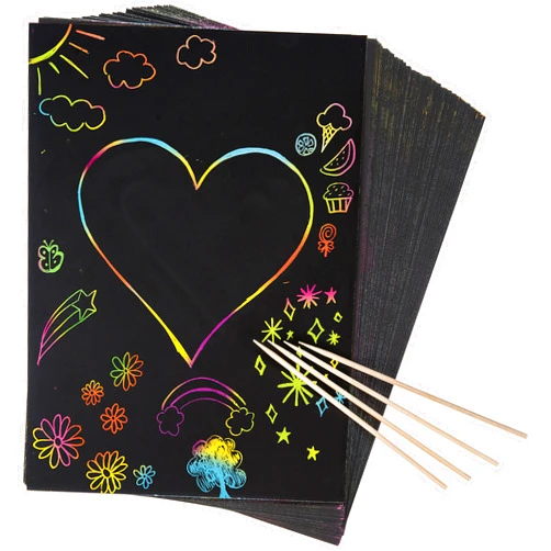 Peachy Keen Crafts Rainbow Scratch Paper Bulk Pack, Large Size Full Sheet 7.5x10 inches, 50 Piece Magic Scratch Paper Art Set with 4 Wooden Stylus, Black Scratch Off Paper, Arts and Crafts for Kids