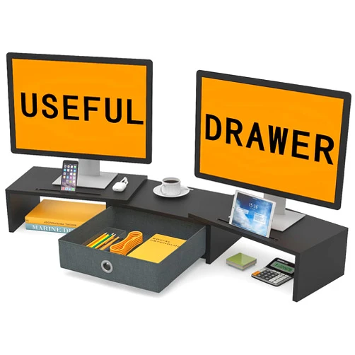 WESTREE Dual Monitor Stand Riser with Drawer, Adjustable Length and Angle Monitor 2 Solts for Phone & Tablet, Desktop Organizer Stand for Computer/Laptop/PC/Printer