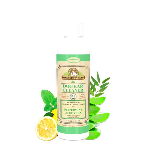 Makondo Pets Dog Ear Cleaner Solution with Peppermint. Our Ear Cleaner for Dogs Helps to Remove Wax, Debris & Odor in Pets. Natural Puppy and Dog Ear Wash or Otic Cat Ear Cleaner Drops. No More Dog Head Shaking.